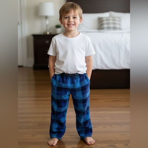 Calvin Klein Boy’s 5/6 S blue black checked fleece pajama lounge pj pants EUC - Picture 1 of 4
